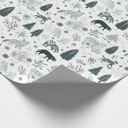 冬の動物と森のクリスマス ラッピングペーパー (角)