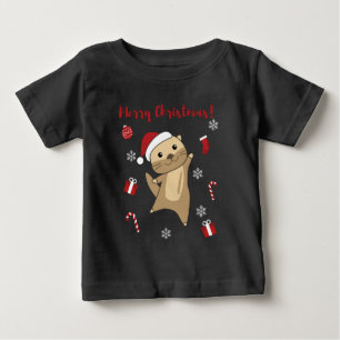 冬の動物のオッタークリスマス雪 ベビーTシャツ