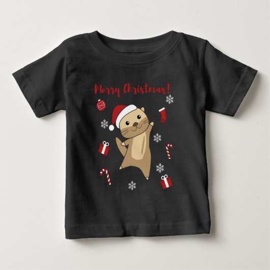 冬の動物のオッタークリスマス雪 ベビーTシャツ (正面)