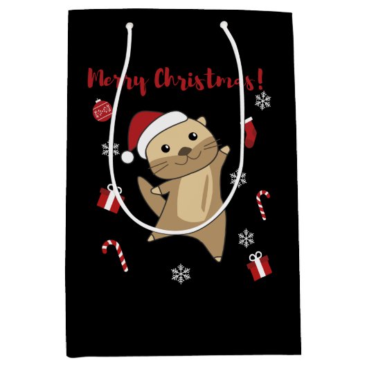 冬の動物のオッタークリスマス雪 ミディアムペーパーバッグ (正面)