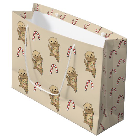 冬の動物のオッタークリスマス雪 ラージペーパーバッグ (正面アングル)