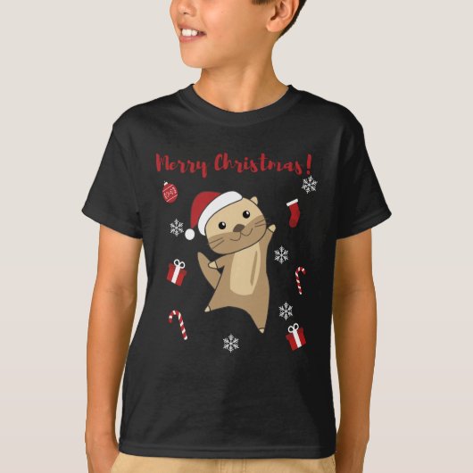 冬の動物のオッタークリスマス雪 Tシャツ (正面)