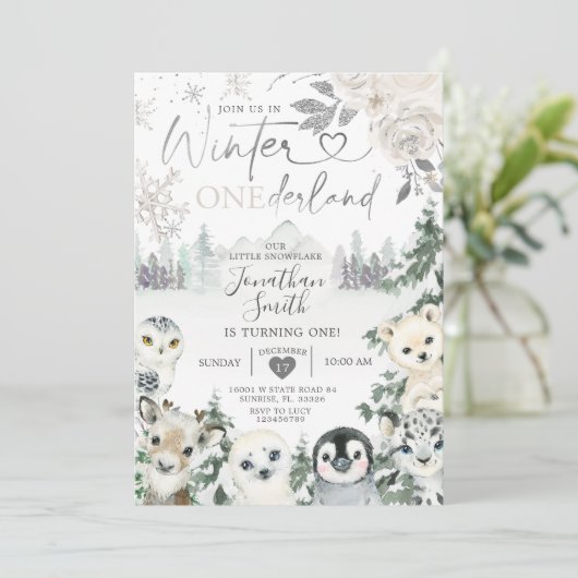 冬の動物のオーネダーランドスノーフレーク1歳の誕生日 招待状 (スタンド正面)