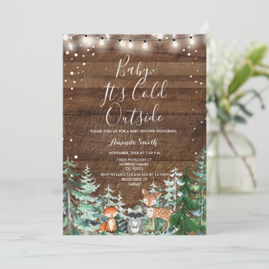 冬の動物のベビー外の赤ちゃんシャワーが寒い 招待状 (スタンド正面)