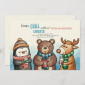 冬の動物の友人の誕生日パーティー 招待状 (正面/裏面)
