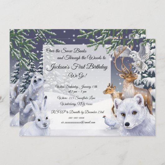 冬の動物の子供の誕生日招待状 招待状 (正面/裏面)