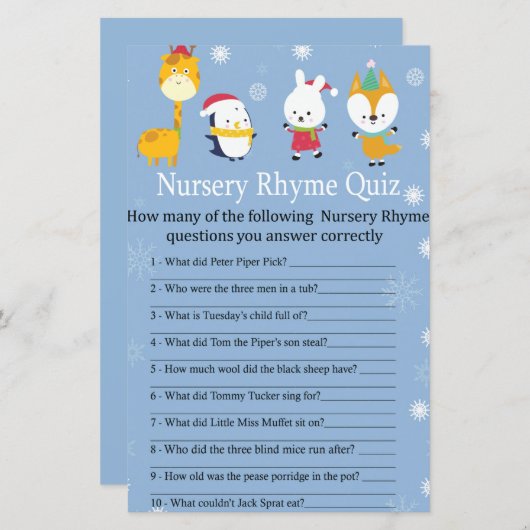 冬の動物の子供部屋韻クイズ赤ちゃんシャワーゲーム (正面/裏面)