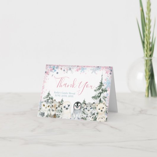 冬の動物の性別が彼または彼女を明らかにする サンキューカード (正面)