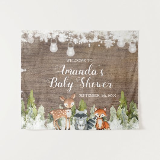 冬の動物の木の雪の結晶ベビーシャワーへようこそ タペストリー (正面(横))