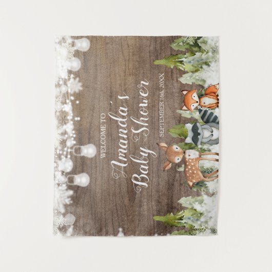 冬の動物の木の雪の結晶ベビーシャワーへようこそ タペストリー (正面)