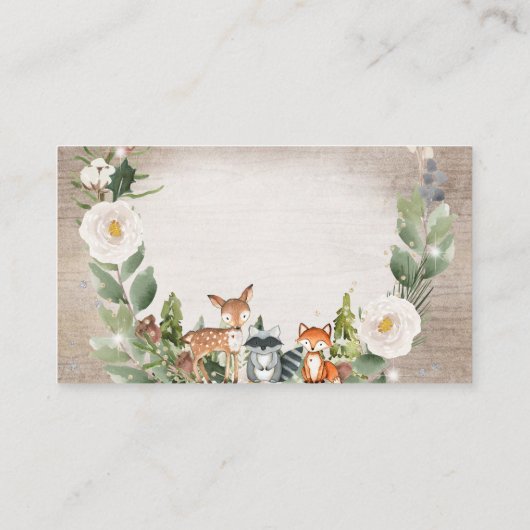 冬の動物の森の中で白いフローラの出産 エンクロージャーカード (裏面)