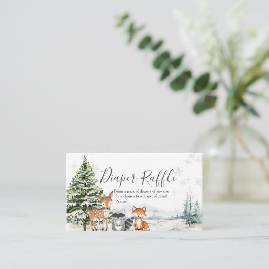 冬の動物の森の雪片おむつラッフル エンクロージャーカード (スタンド正面)