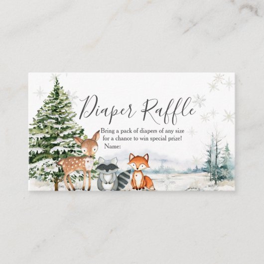 冬の動物の森の雪片おむつラッフル エンクロージャーカード (正面)