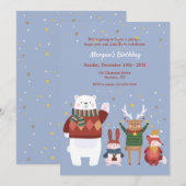 冬の動物の誕生日パーティー 招待状 (正面/裏面)