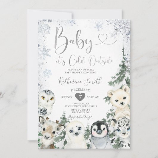 冬の動物の赤ちゃんシャワーフォレストの雪 招待状 (正面)