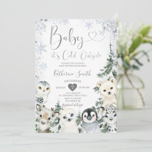 冬の動物の赤ちゃんシャワーフォレストの雪 招待状 (スタンド正面)