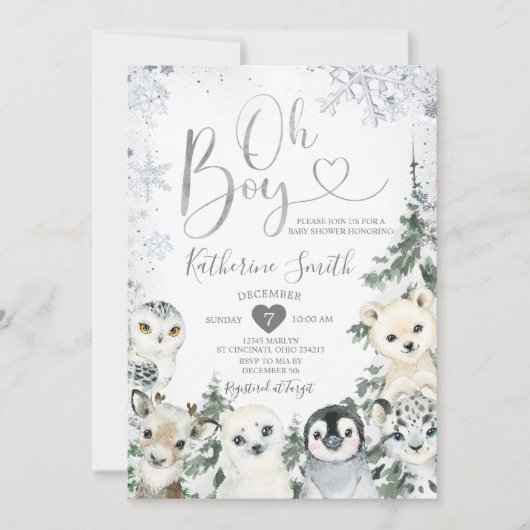 冬の動物の赤ちゃんシャワー森の雪の結晶インビタ 招待状 (正面)