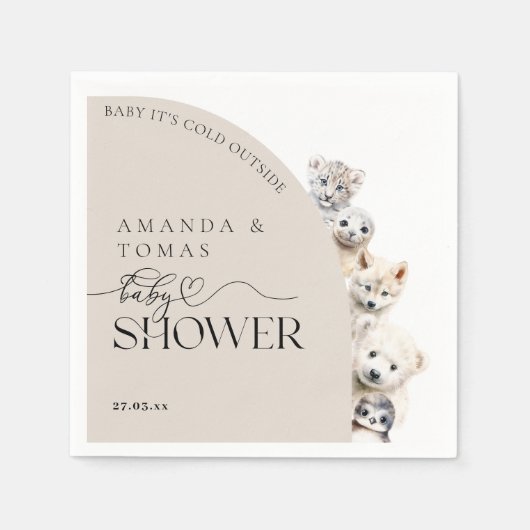 冬の動物の赤男女兼用ちゃんシャワー スタンダードカクテルナプキン (正面)
