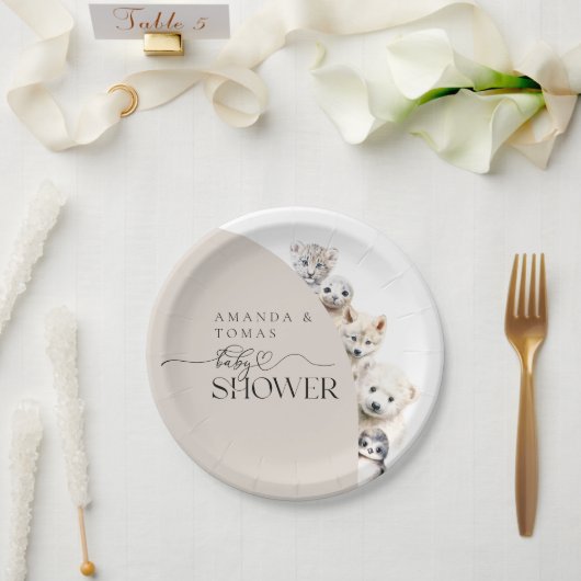 冬の動物の赤男女兼用ちゃんシャワー ペーパープレート (ウェディング)