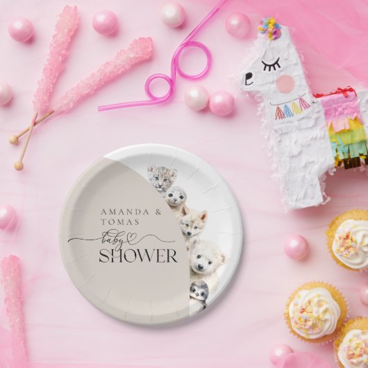 冬の動物の赤男女兼用ちゃんシャワー ペーパープレート (パーティー)