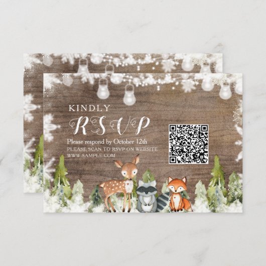冬の動物ウッドスノーフレーク赤ちゃんシャワーRSVP サンキューカード (正面/裏面)