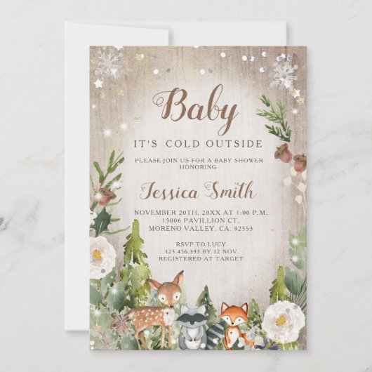 冬の動物ウッドランドボーイ赤ちゃんシャワー 招待状 (正面)