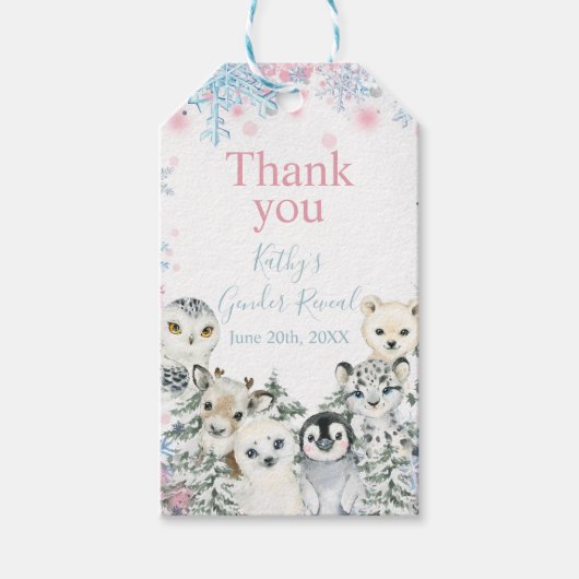冬の動物ジェンダーが雪片を明かす ギフトタグ (正面)