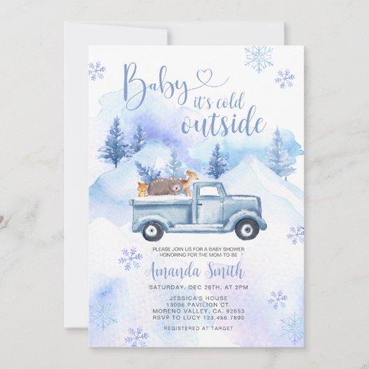 冬の動物トラック雪の結晶の森の赤ちゃんシャワー 招待状 (正面)