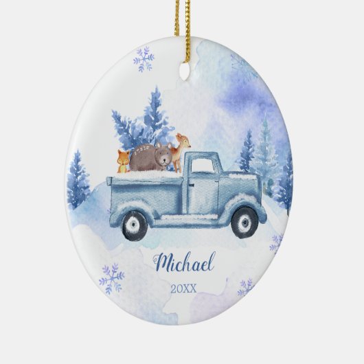 冬の動物トラック青い雪片の山 セラミックオーナメント (右)