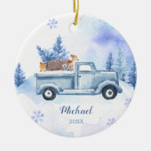 冬の動物トラック青い雪片の山 セラミックオーナメント (正面)