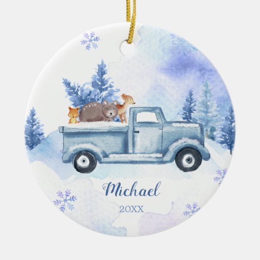 冬の動物トラック青い雪片の山 セラミックオーナメント (正面)