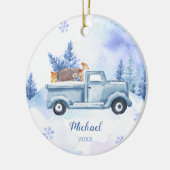 冬の動物トラック青い雪片の山 セラミックオーナメント (左)