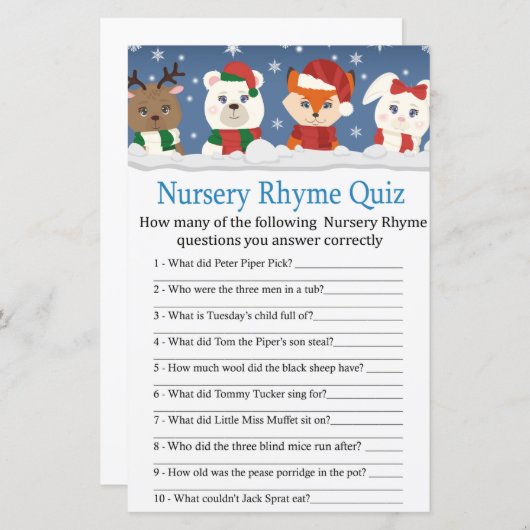 冬の動物子供部屋ライムクイズベビーシャワーゲーム (正面/裏面)