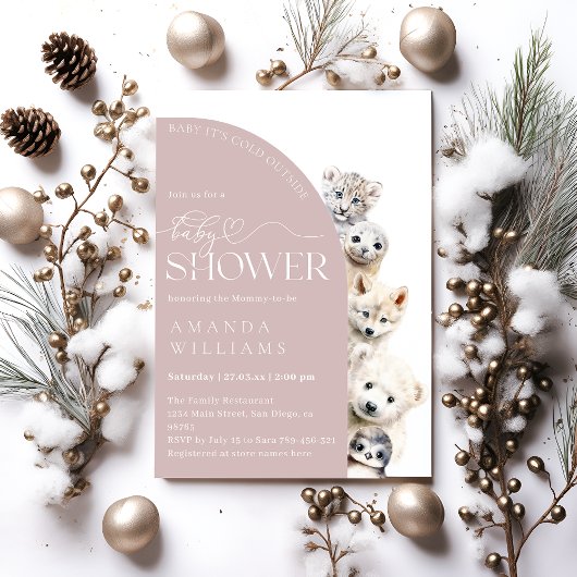 冬の動物男女兼用赤ちゃんシャワー 招待状