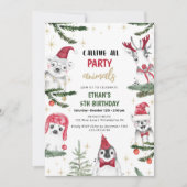 冬の動物誕生日のクリスマスおもしろい 招待状 (正面)