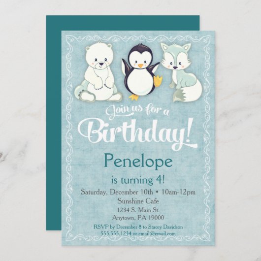 冬の動物誕生日招待状ベアキツネペンギン 招待状 (正面/裏面)