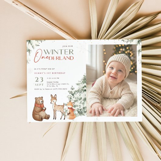 冬の動物 ワンダーランド キッズ 写真 ファースト バースデー 招待状