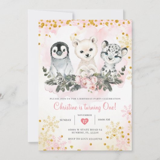 冬の北極の動物たち 女の子の最初の誕生日 招待状 (正面)