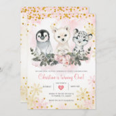 冬の北極の動物たち 女の子の最初の誕生日 招待状 (正面/裏面)
