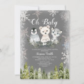 冬の北極の動物の森の雪の結晶ベビーシャワー 招待状 (正面)