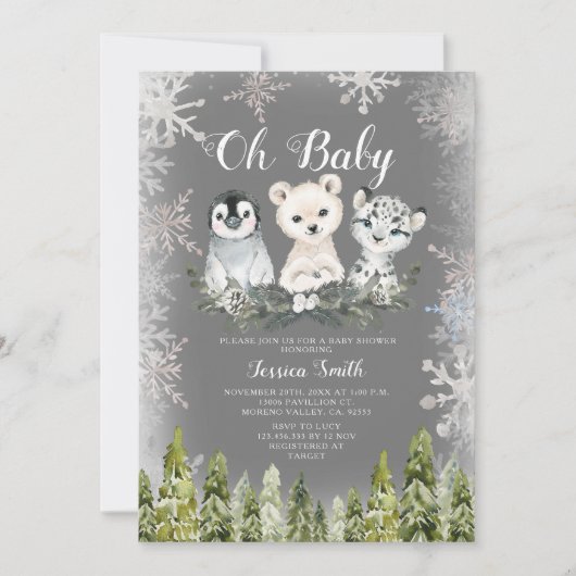 冬の北極の動物の森の雪の結晶ベビーシャワー 招待状 (正面)