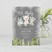 冬の北極の動物の森の雪の結晶ベビーシャワー 招待状 (スタンド正面)