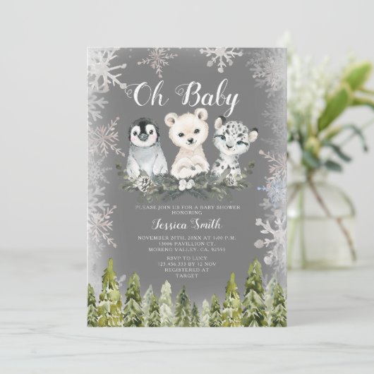 冬の北極の動物の森の雪の結晶ベビーシャワー 招待状 (スタンド正面)