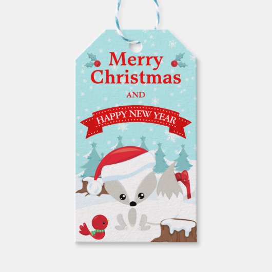 冬の北極キツネ雪のシーンメリークリスマス ギフトタグ (正面)