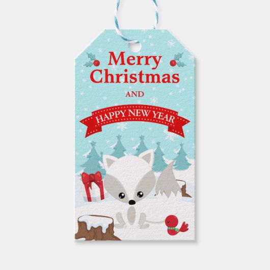 冬の北極キツネ雪のシーンメリークリスマス ギフトタグ (正面)