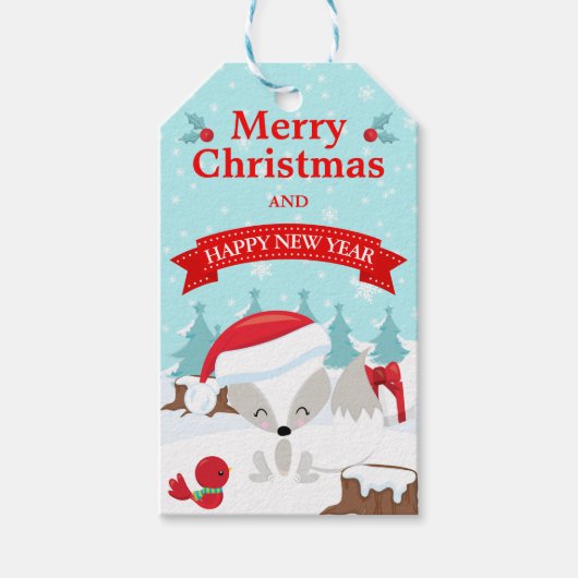 冬の北極キツネ雪のシーンメリークリスマス ギフトタグ (正面)