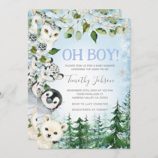 冬の北極動物の松の木の男の子の赤ちゃんシャワー 招待状 (正面/裏面)