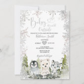 冬の北極動物の赤ちゃんシャワーシルバー雪 招待状 (正面)