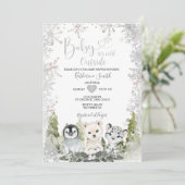 冬の北極動物の赤ちゃんシャワーシルバー雪 招待状 (スタンド正面)