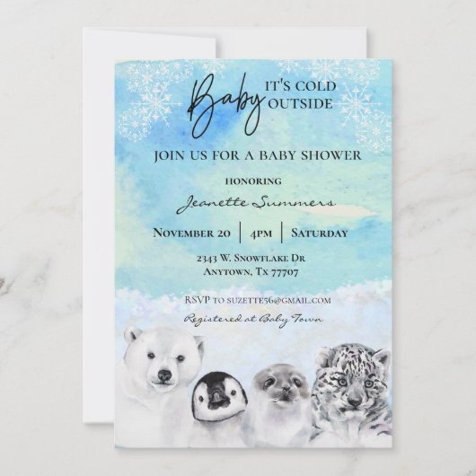 冬の北極動物の赤ちゃんシャワー外は寒い 招待状 (正面)